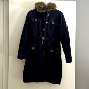 Zara Velour Black Long Coat with fur hoodie